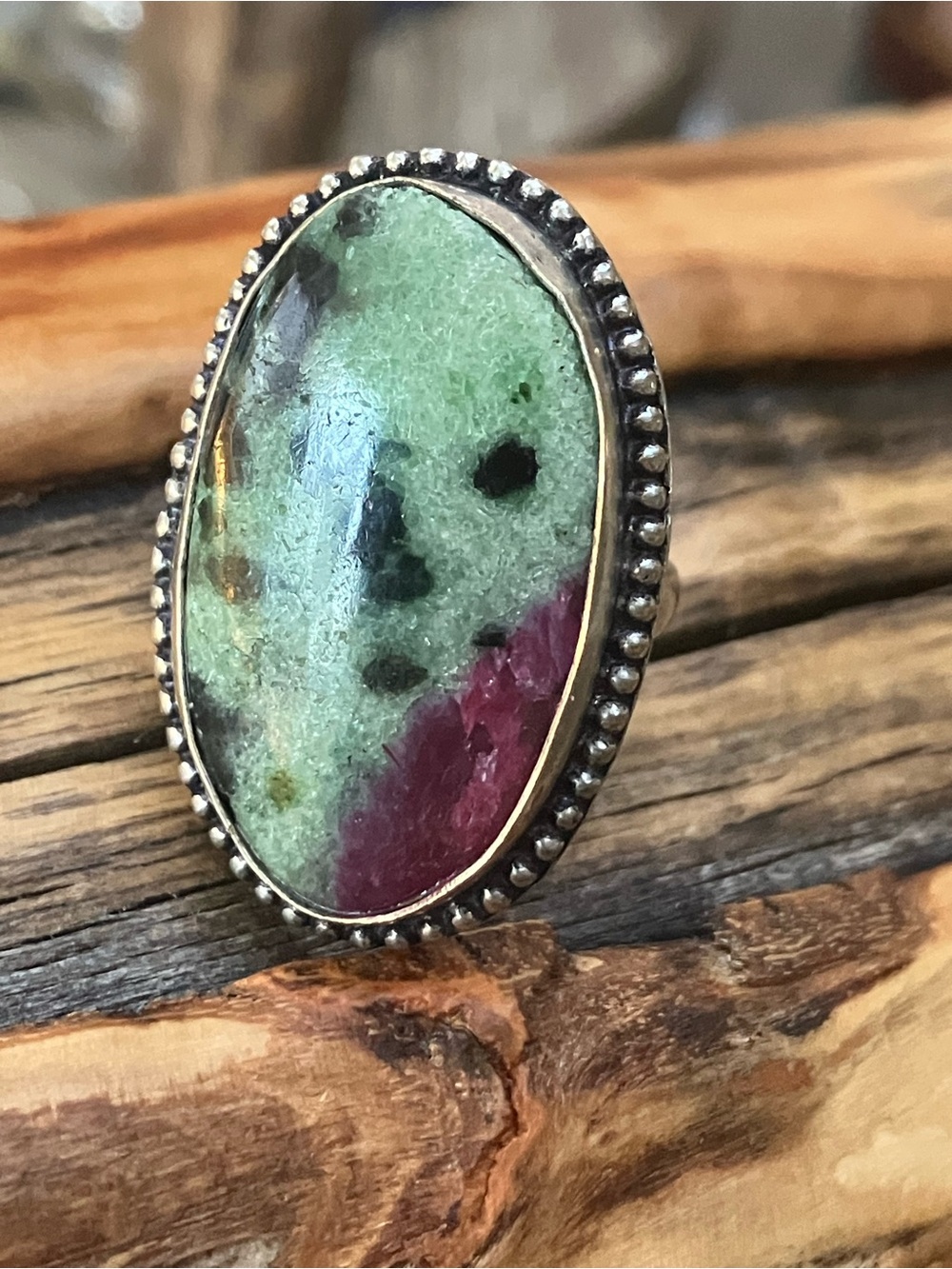 925 Sterling Silver Handcrafted Ruby Zoisite Oval Statement Ring i